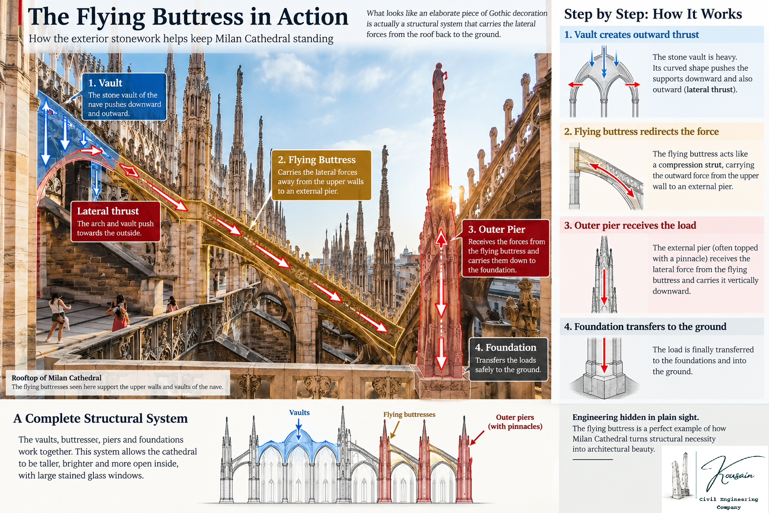 An infographic illustrating the function of flying buttresses in Milan Cathedral, depicting how they redirect lateral forces to maintain structural integrity.
