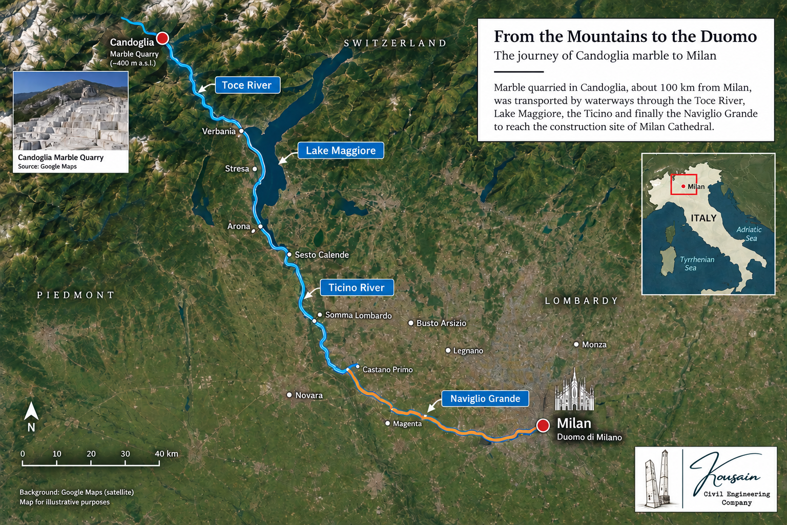Map showing the journey of Candoglia marble from the quarry to Milan Cathedral, including key locations like the Toce River, Lake Maggiore, and Naviglio Grande.