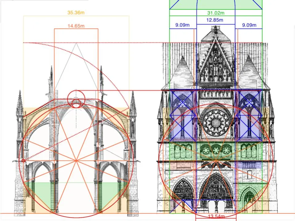 Architectural diagram showing the structural design of Milan Cathedral, featuring measurements and geometric shapes used in Gothic architecture.